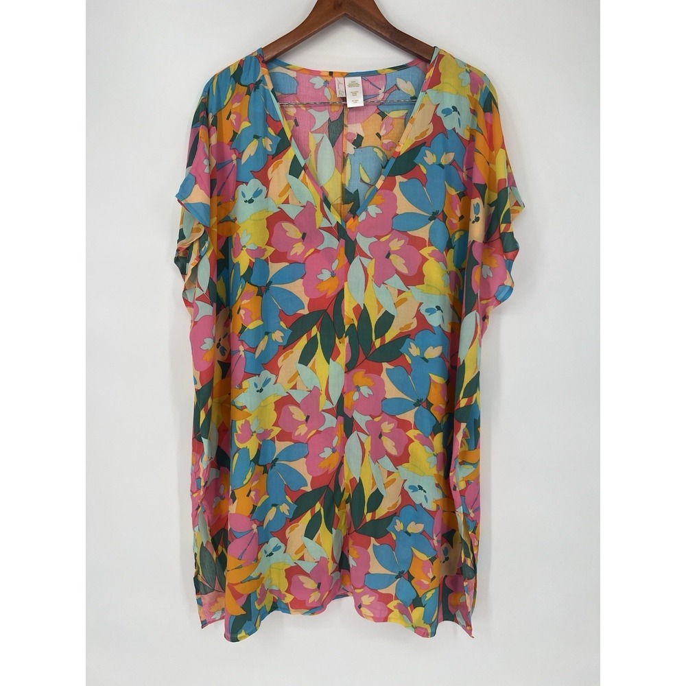 ANNE COLE Oversized‎ Tunic V Neck Lightweight Floral Sleeves Cover Up Size M